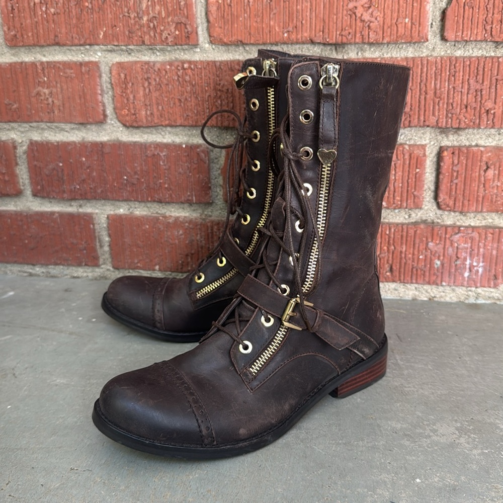 LOVE MOSCHINO  Cap Toe Double Zip Lace Up Combat Boots 36/6